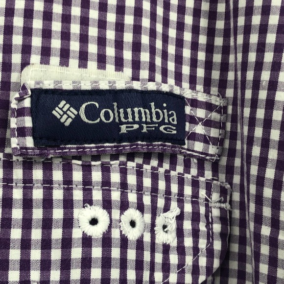 Columbia PFG Button Down Polo Shirt Short Sleeve Gigham Plaid Purple White Large - Picture 9 of 11